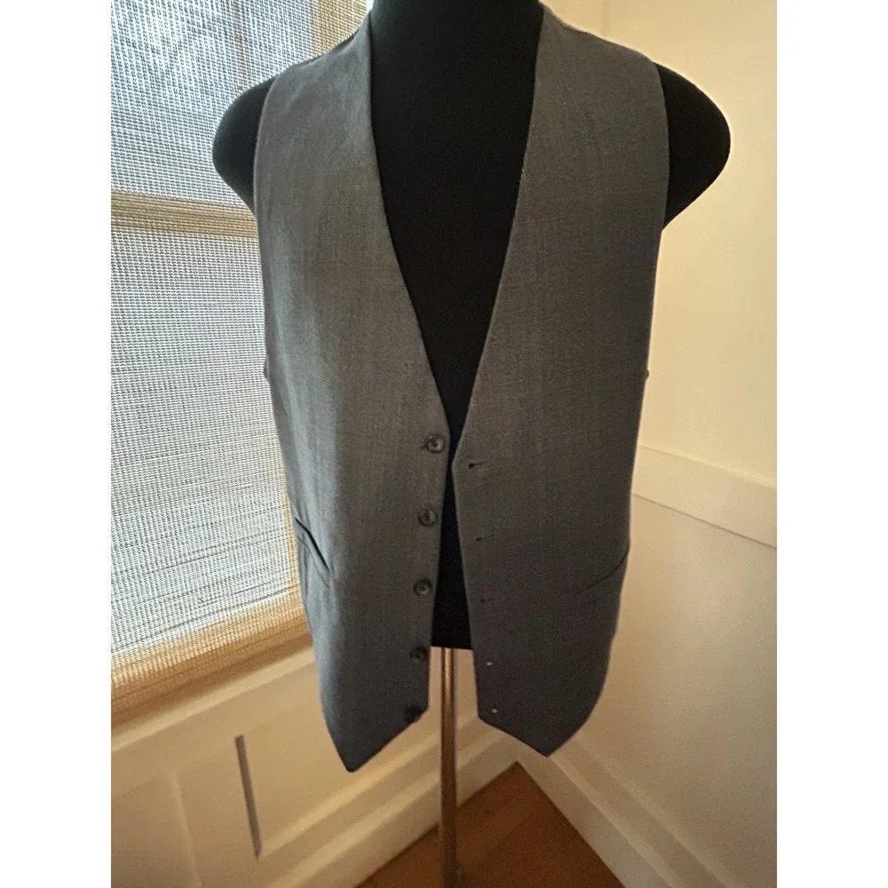 Vtg 70s VEST Gray Blue Wool Shadow Plaid 5 Button Waistcoat 42